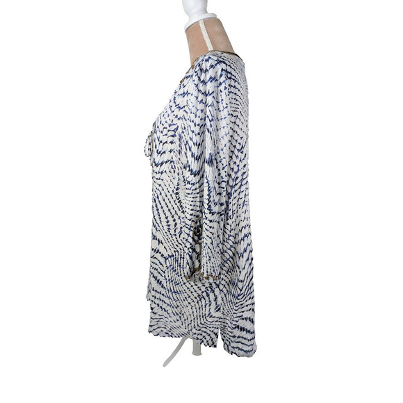 Soft Surroundings XL Blue White Tie Dye Beaded Laced Tie Rayon Tunic - Picture 2 of 10